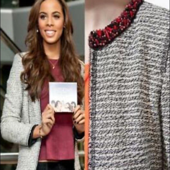 Zara Tweed Boucle Blazer Beaded Neckline Medium - Picture 12 of 12